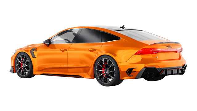 Berlin. Germany. September 21, 2022. Audi RS7-R Abt 2021. Orange ultra sports tuned liftback on a white isolated background. 3d illustration.