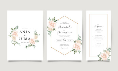 Fototapeta na wymiar Set of wedding invitations with roses and watercolor leaves