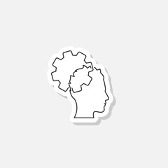 Thinking process icon. Head with gears line symbol sticker isolated on white background