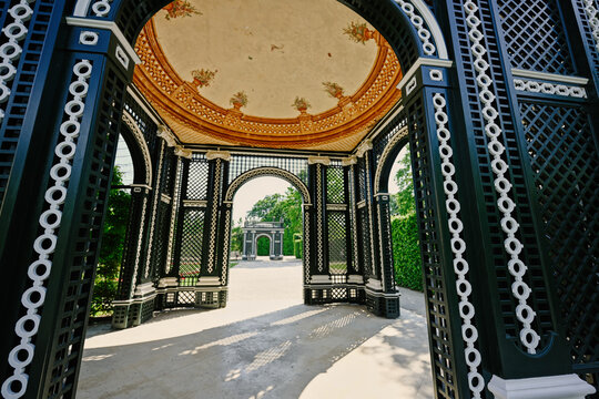 Wooden arbor arch at Schonbrunn Palace in Vienna, Austria.
