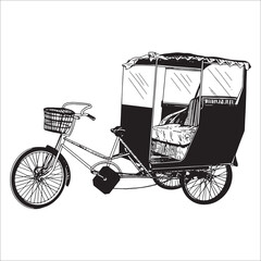 vector linear black and white doodle drawing bicycle rickshaw taxi
