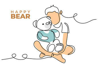 One continuous single line of man hug teddy bear isolated on white background.