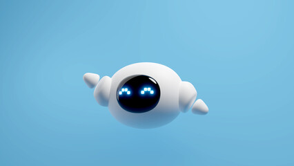 Cute white robot with ont hand up isolated over blue background. Technology concept. 3d rendering.