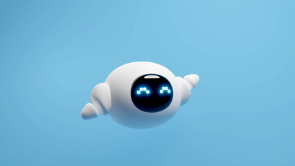Cute white robot with hand down isolated over blue background. Technology concept. 3d rendering.