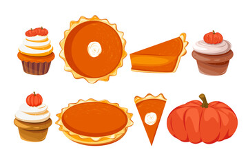 A set of pumpkin pies, cupcakes with whipped cream and pumpkin.Design elements for Thanksgiving, Halloween.