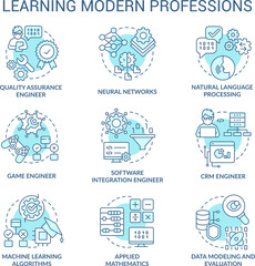 Learning modern professions turquoise concept icons set. Professional education idea thin line color illustrations. Isolated symbols. Editable stroke. Roboto-Medium, Myriad Pro-Bold fonts used