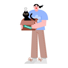 Woman holding box with black cat vector illustration in flat color design