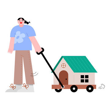 Woman Pulling Wagon With House Vector Illustration In Flat Color Design