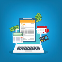 Tax payment. Mobile payment service. Data analysis, paperwork, financial research report and calculation of tax return. Payment of debt. Vector illustration