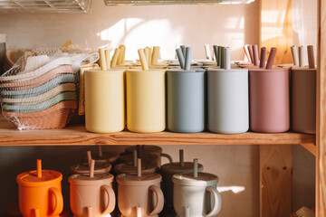 Multicolored silicone baby tableware stack with handles and forms on shelf of the store. Child...