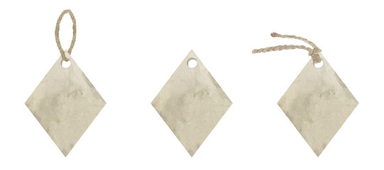 Set of watercolor kraft paper tags in the shape of a rhomb isolated on white background. Shopping labels with strings. Illustration of beige empty sale kraft label tags
