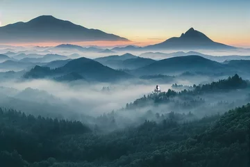 Foto op Canvas Mountains in clouds at sunrise in summer. Aerial view of mountain peak with green trees in fog. Beautiful landscape with high rocks, forest, sky. Top view from drone of mountain valley in low clouds © 2rogan