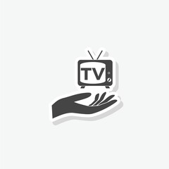 TV in hand icon sticker isolated on white background