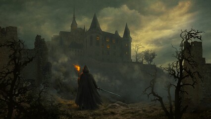Hooded warrior facing a dark castle - digital illustration - obrazy, fototapety, plakaty