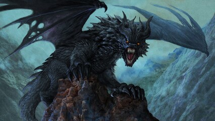 Fantasy black dragon - digital illustration