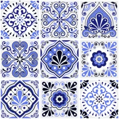 Gordijnen Big set tiles vector seamless design, Mexican folk art style talavera pattern - mix of different tiles in navy blue  © redkoala