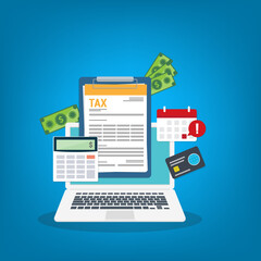 Tax payment. Mobile payment service. Data analysis, paperwork, financial research report and calculation of tax return. Payment of debt. Vector illustration