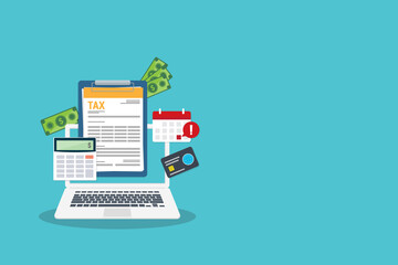 Tax payment. Mobile payment service. Data analysis, paperwork, financial research report and calculation of tax return. Payment of debt. Vector illustration