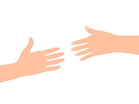 Hands reaching out to each over. Two hands isolated on white background. Vector illustration in flat style.