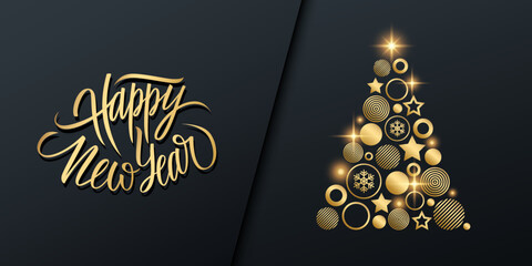 Fototapeta na wymiar New Year luxury holiday banner with gold handwritten inscription Happy New Year and golden christmas tree. Vector illustration.