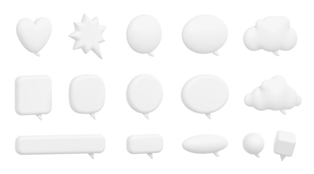3d render speech bubbles, isolated blank messages, communication and thought balloons. Dialogue and speak boxes, frames, design elements on white background, Illustration in cartoon plastic style
