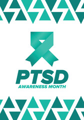 PTSD Awareness Month in June. Post Traumatic Stress Disorder. Celebrated annual in United States. Medical health care and awareness design. Poster, card, banner and background. Vector illustration