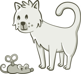 Cute cat looking at a toy mouse. Cute illustration of a little cat that is standing looking at a toy mouse. Vector illustration on white background.