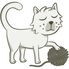Cute cat playing with a ball of wool. Cute illustration of a cat holding a ball of yarn with its paw. Vector illustration on white background.