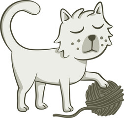 Cute cat playing with a ball of wool. Cute illustration of a cat holding a ball of yarn with its paw. Vector illustration on white background.