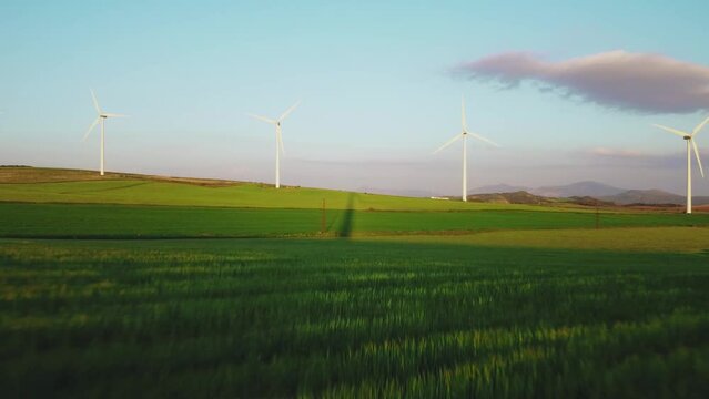 Flying Above Grassland With Wind Turbines Array in Background, Windmill in Countryside of Spain, Drone Shot