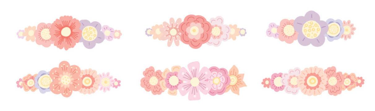 Vector set of floral text dividers in pastel colors. A horizontal divider made from wreaths of delicate flowers.