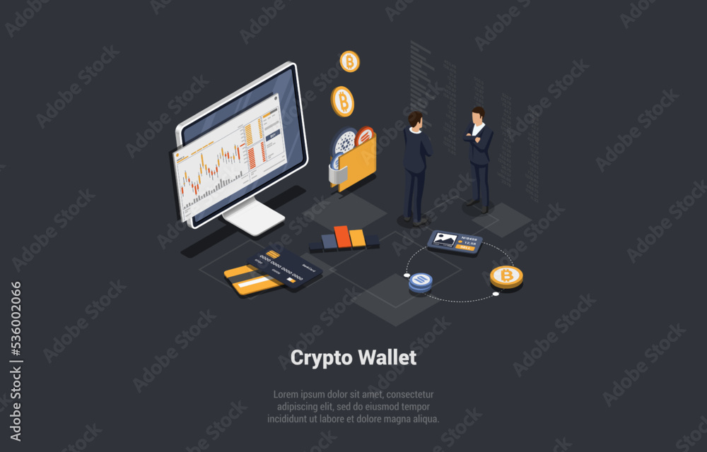Poster concept of crypto wallet. crypto traders buy cryptocurrency and hold it on custodial and non-custodi