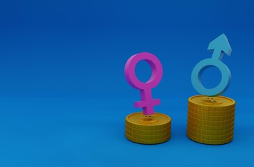 3D illustration, gender symbols, over currency, concept of wage inequality between men and women, blue background, 3D rendering