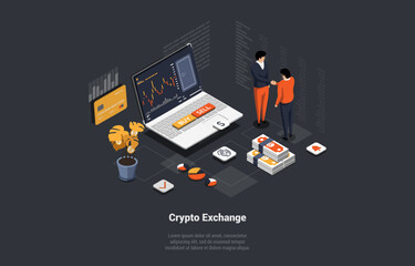 Blockchain Technology Concept , Bitcoin, Altcoin, Speculation On Cryptocurrency. Crypto Traders Buy And Sell Futures Crypto On Stock Market Exchange Services. Isometric Cartoon 3d Vector Illustration