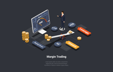 Margin Trading, Risks and Profits Concept. Brokers Analysing Global Fund and Finance, Traders Opening a Deal With Leverage, Trade Forex And Crypto Assets. Isometric Cartoon 3d Vector Illustration