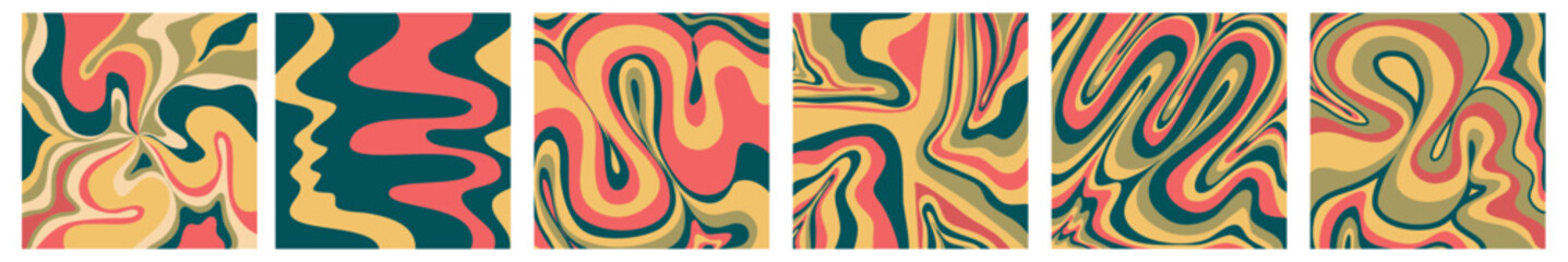 Groovy wave retro background with swirl set collection. Retro color hippy. Simple twirl trendy design. Wavy marble groovy pattern.