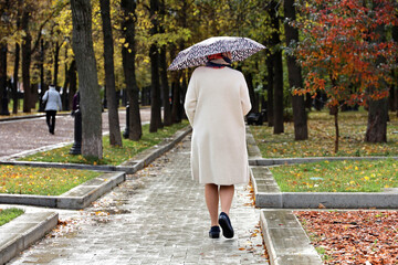 Rain in autumn season, woman with umbrella walking on wet path in city park on people background - Powered by Adobe