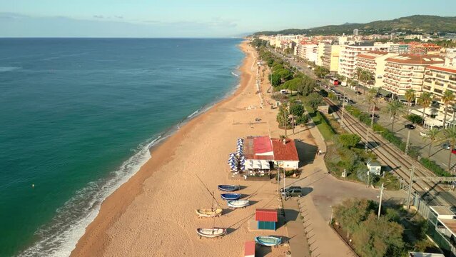 Calella Pineda de Mar Santa Susanna Costa del Maresme aerial images of the beach  boats on the shore on the sand fishermen