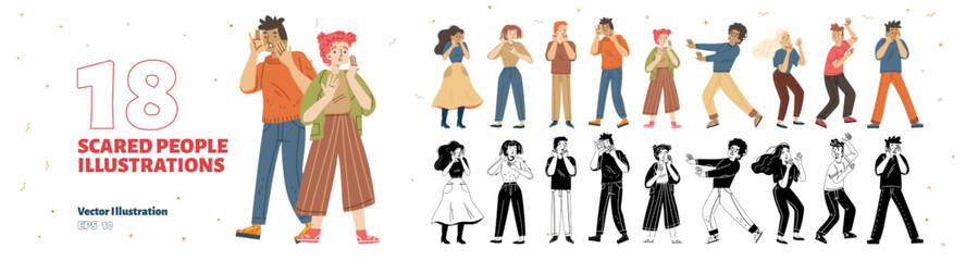 Set of scared people, afraid characters in shock and panic. Diverse terrified, frightened, surprised men and women, vector black and white, colored illustration