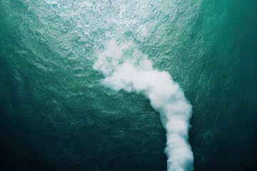An underwater explosion and gas leak of sea surface, as well as a drone view, are envisaged in this concept of war causing climate risks and pollution of the sea. 3D digital illustration.