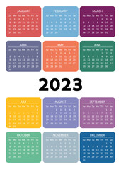 Vertical pocket calendar on 2023 year, color square. on white background.