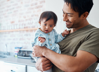 Down syndrome, baby and father bonding in their home with a proud parent caring for special needs infant in India. Love, family and child with happy man or dad carrying newborn with a disability