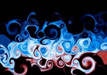 Abstract blue and red liquid swirling marble flame texture on a black background or wallpaper.