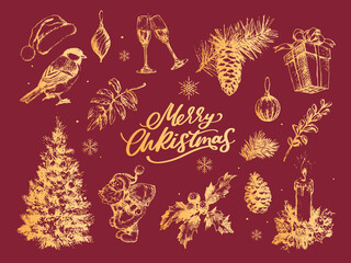 Merry Christmas. Happy New Year, 2023. Typography set. Vector logo, emblems, text design. Usable for banners, greeting cards, gifts etc.