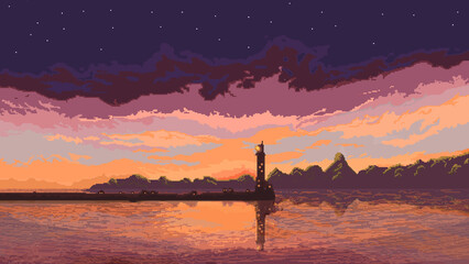 Nachthimmel mit Sternen, Wolken, Meer und Bergen im 8-Bit-Stil. Pixelbild, helle Landschaft, Sonnenuntergang. Sprite für Spiel. Abend. Hintergrund