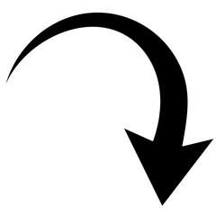 Sharp curved arrow icon. Black rounded arrow. Direction pointer pointing down