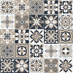 Azulejo talavera black beige white ceramic tiles majolica pattern, vector illustration, arabic traditional organic ornate background