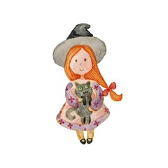 Cute watercolor illustration of a little witch girl October Halloween isolated on a white background