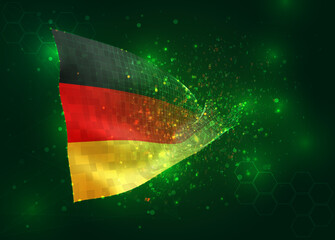 Germany, on vector 3d flag on green background with polygons and data numbers