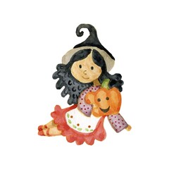 Cute watercolor illustration of a little witch girl October Halloween isolated on a white background